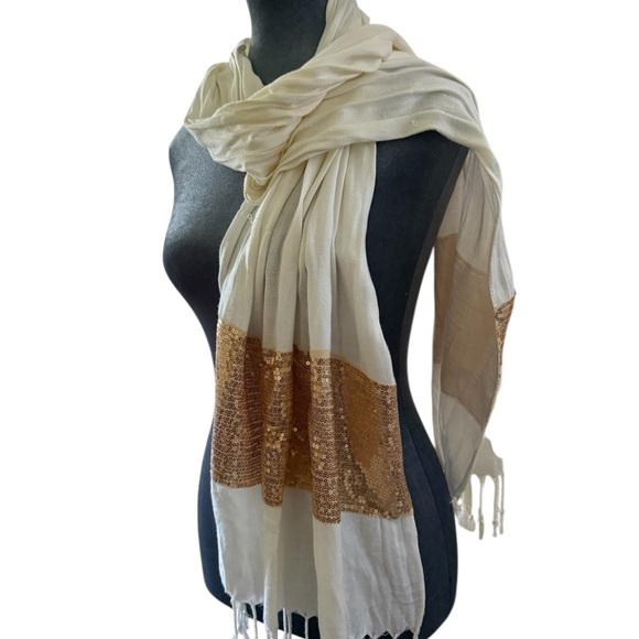 New York & Company White and Gold Sequin Scarf - Picture 6 of 7